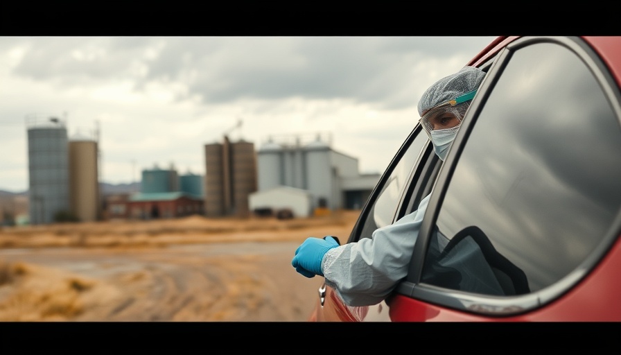 Healthcare worker in rural industrial setting discusses with driver.