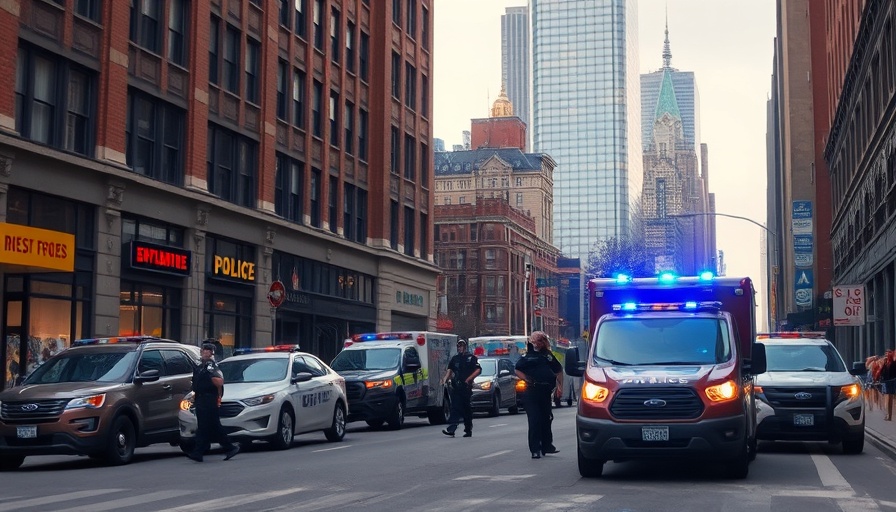 Midtown emergency response scene on busy street.