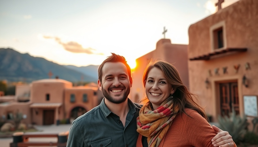 Don'ts of Visiting Taos, New Mexico: Smiling couple at adobe buildings.