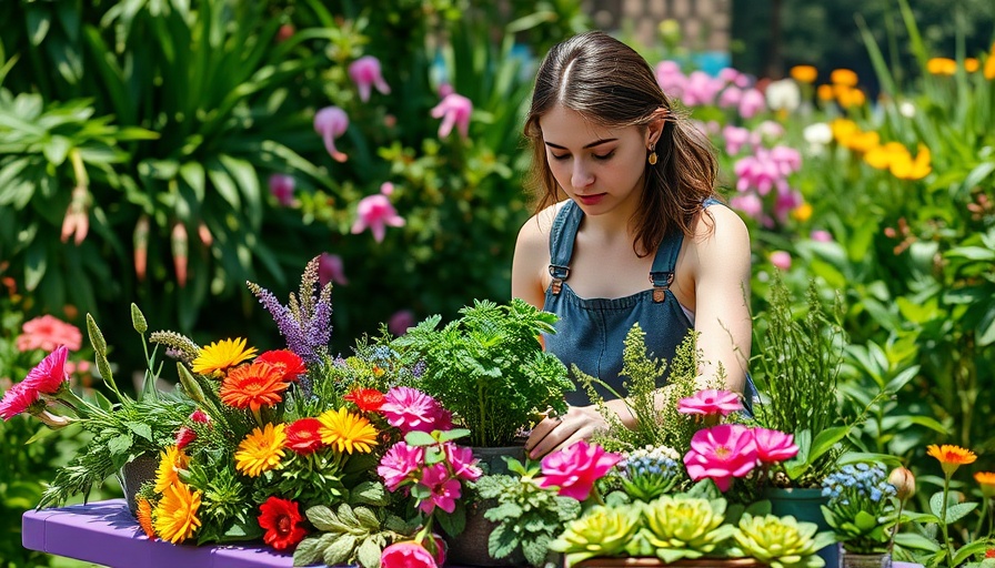 Woman arranging herbs for cut flower garden in a lush setting.