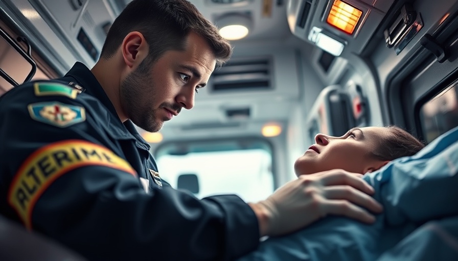 EMS paramedic treating patient in ambulance, emergency response scene.