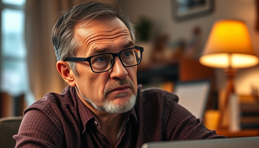 Middle-aged man in home office, discussing retirement worries, soft lighting.
