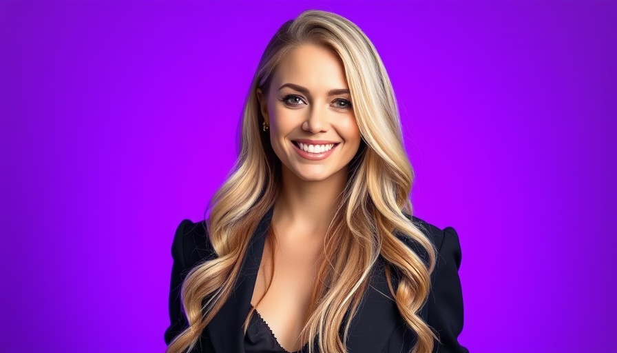 Smiling blonde woman on a purple background.