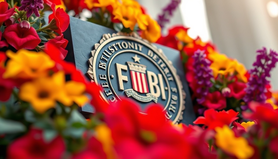 FBI building plaque surrounded by vibrant flowers, symbolizing security.