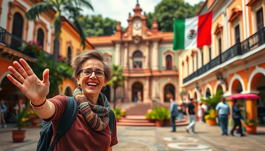 Tourist enjoying vibrant Mexican plaza with historic architecture.