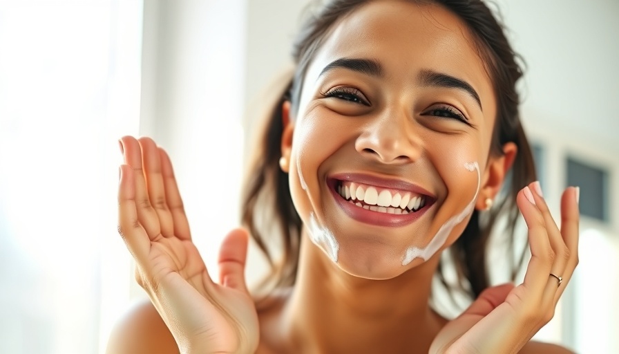 Young woman applying face wash, smiling, in bright natural light.
