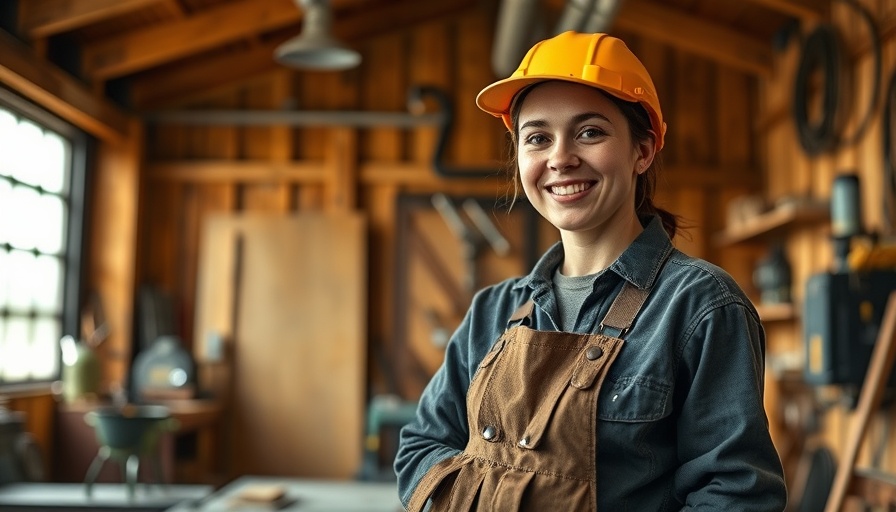 Smiling female welder in a workshop with welding equipment, showcasing Iron Maiden Welding.