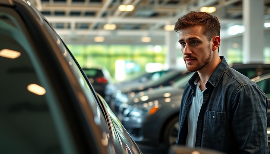 Man evaluating a used car at a dealership, saving money on a used car.
