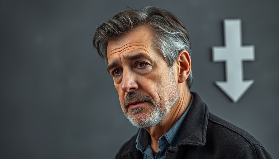 Concerned middle-aged man with downward arrow on gray background, retirees go broke theme.