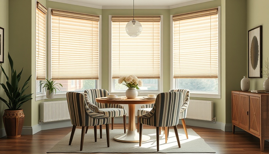 Modern dining room with energy-saving blinds to lower your electricity bills.