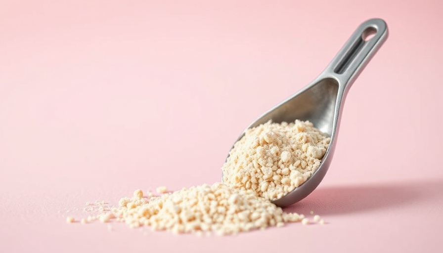 Close-up of protein powder for women in a scoop on pink background.