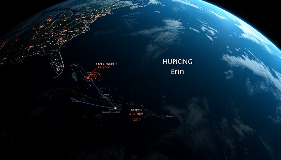 Hurricane Erin tracker map with projected path and intensity markers.