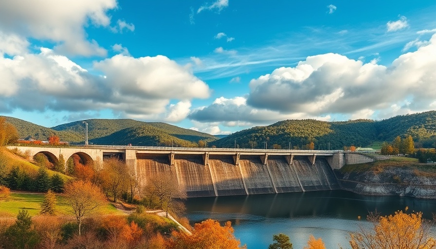 George B. Stevenson Dam with forest backdrop under cloudy sky.