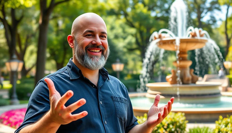 Smiling man in park with fountain, discussing Southern insults for tourists.