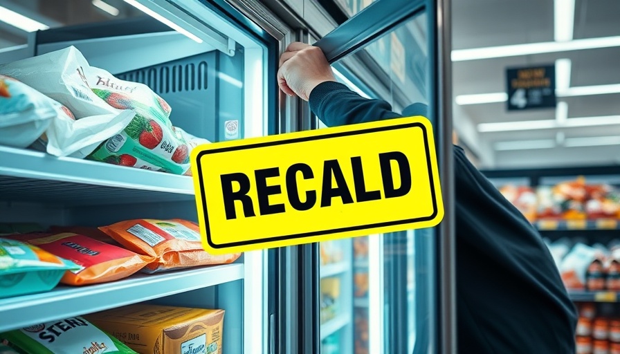Food recalls highlighted by a recall sign on a freezer door.