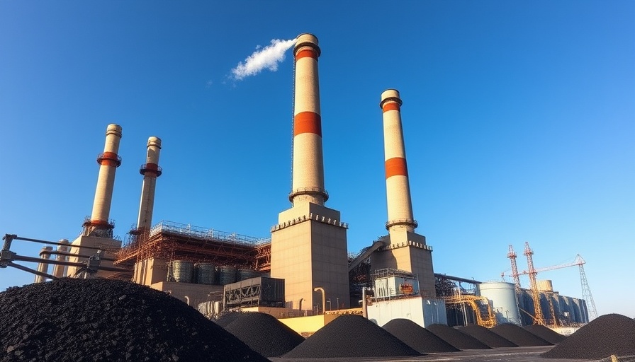 Power plant with chimneys and coal piles under clear sky.