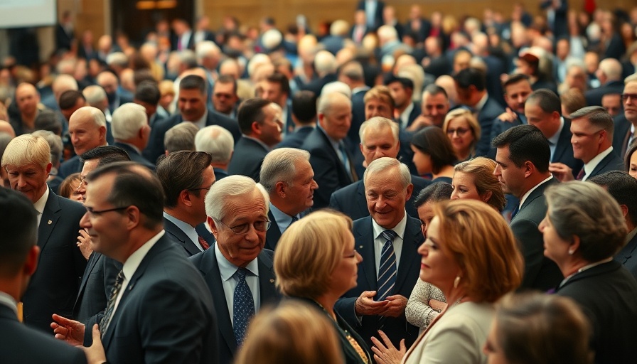 Diverse group in formal attire conversing at a political event, discussing Pennsylvania gerrymandering strategies.