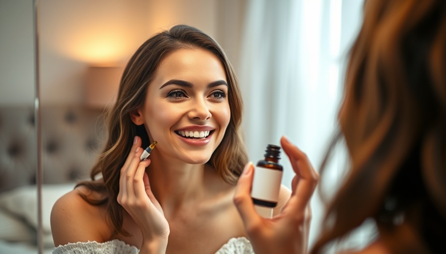 Woman using face serum for pigmentation in cozy bedroom.