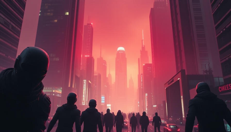 Futuristic cityscape with untouchable figures in the dark urban environment.