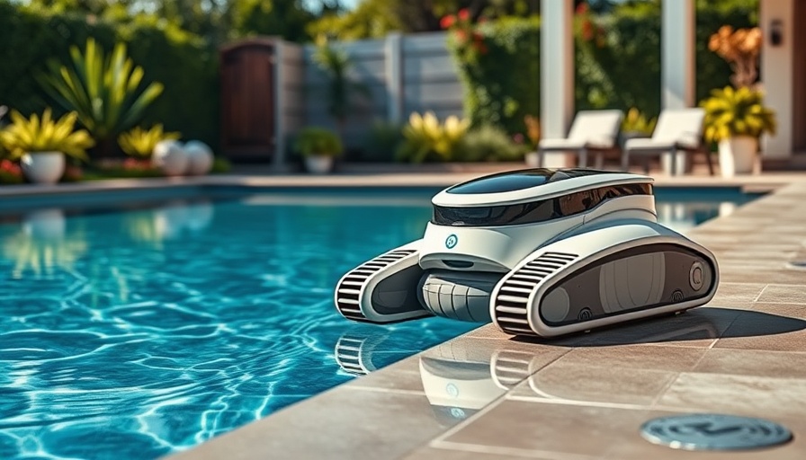 Advanced robotic pool cleaners showcased by a swimming pool.