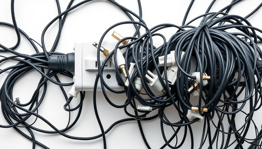 Overloaded power strip with tangled wires highlighting power strip safety.