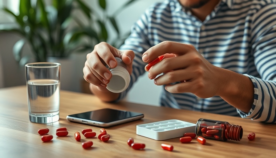 Person checking supplements with phone and pill organizer, home setting.