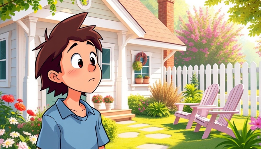 Retirement in Pennsylvania concept with a charming garden cottage and surprised reaction.