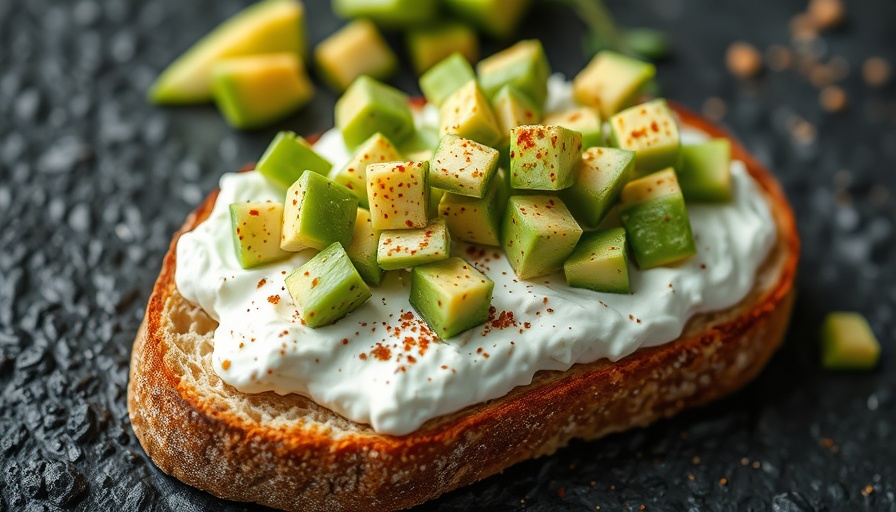 Appetizing avocado toast with cottage cheese on dark background.