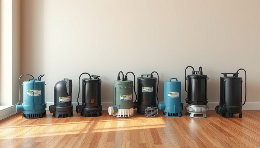 Different models of sump pumps on a wooden floor, best sump pumps for crawl spaces and basements.