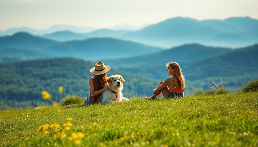Summer in Asheville with women and dog overlooking Blue Ridge Mountains.