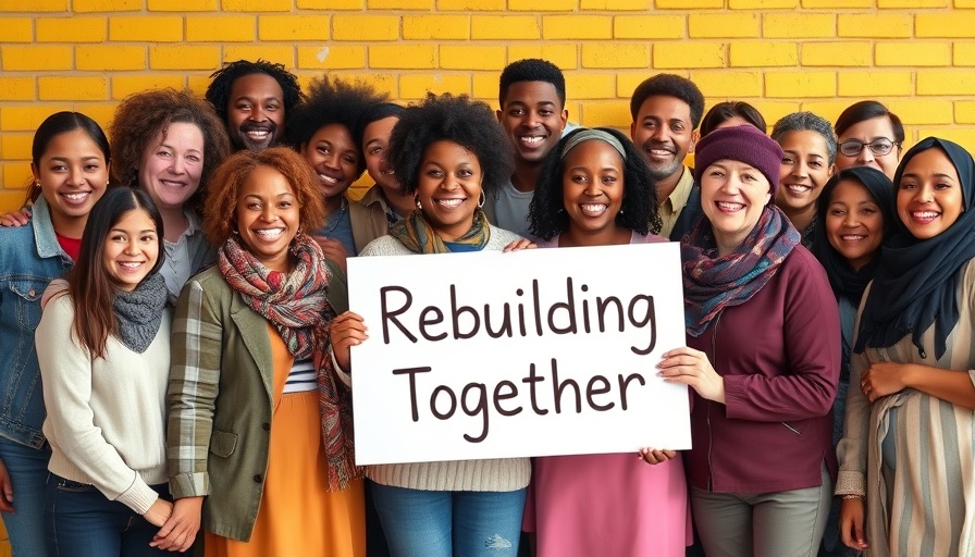 Community group celebrating Rural Rebuilding Together Grant Fund with sign.