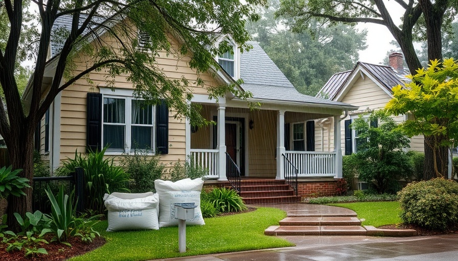 Suburban home with sandbags; Asheville homeowners insurance rates context.