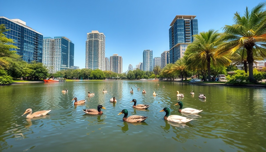 Serene urban pond with ducks and modern buildings, CPCC Settlement Transparency Lawsuit.