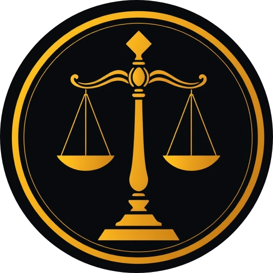 High contrast simple scales of justice icon in a gold circle