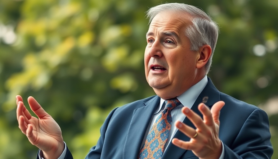 Middle-aged man speaking with gesture, lush green background.