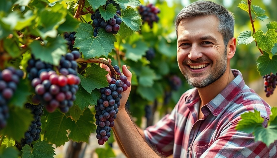 Man harvesting grapes, Bruce Springsteen-Inspired Wines theme, vineyard scene