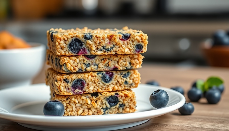 Appetizing stack of blueberry quinoa bars on a plate.