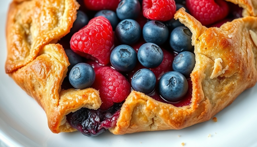 Close-up of almond flour berry galette, blueberries, raspberries.