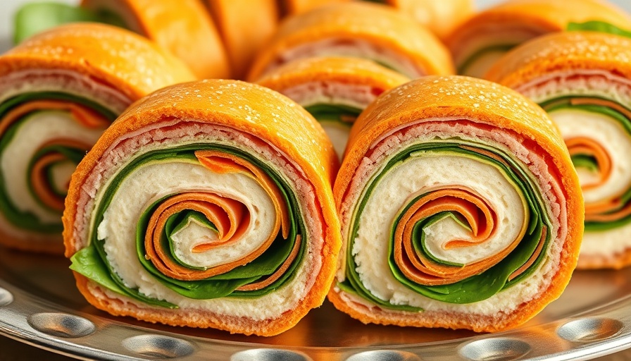 Colorful healthy pinwheel sandwiches with spinach and cheese