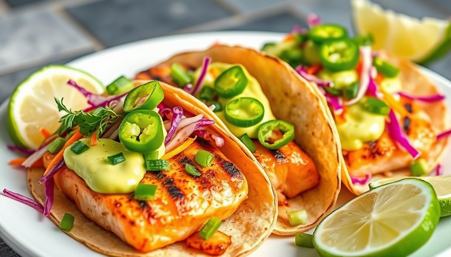 Grilled salmon tacos with avocado crema on a white plate.