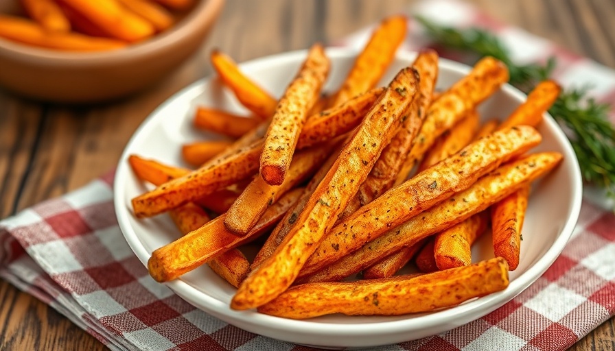 Golden crispy baked carrot fries on a plate with checked cloth.