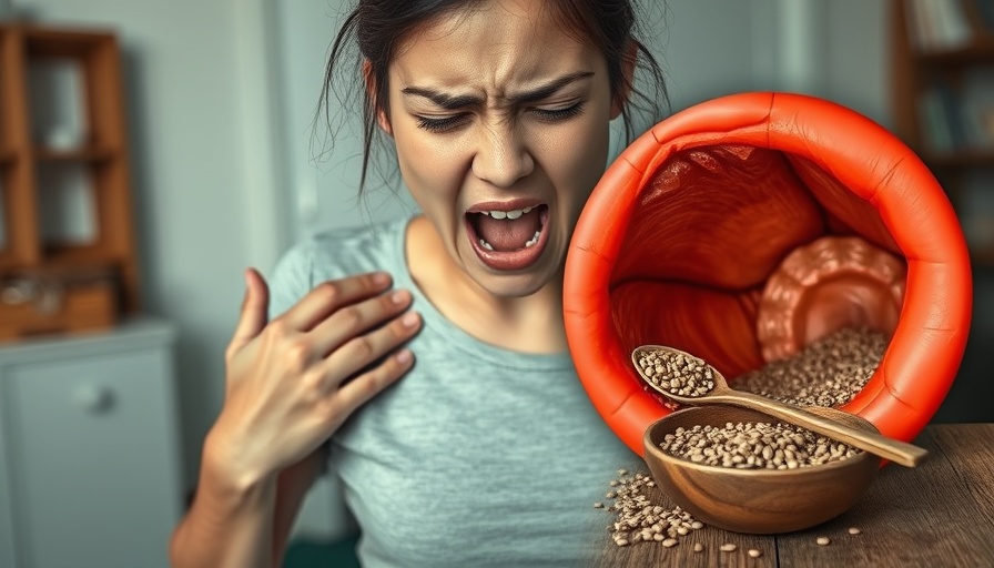Frightened woman clutching throat, illustrating chia seeds choking hazard.