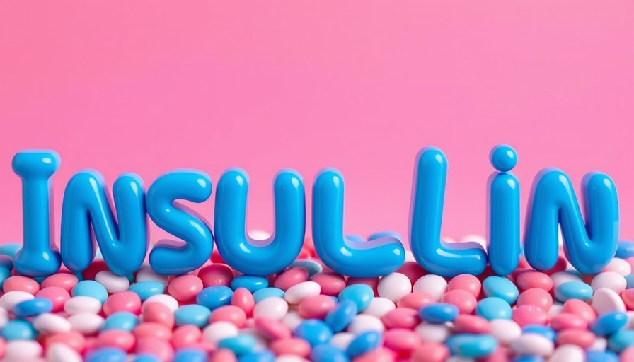 Colorful insulin representation with 3D letters on candy-like surface.