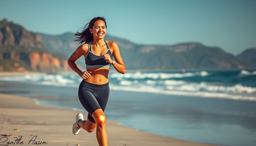Athletic woman running by ocean, visualized knee joints indicating pain management strategies.