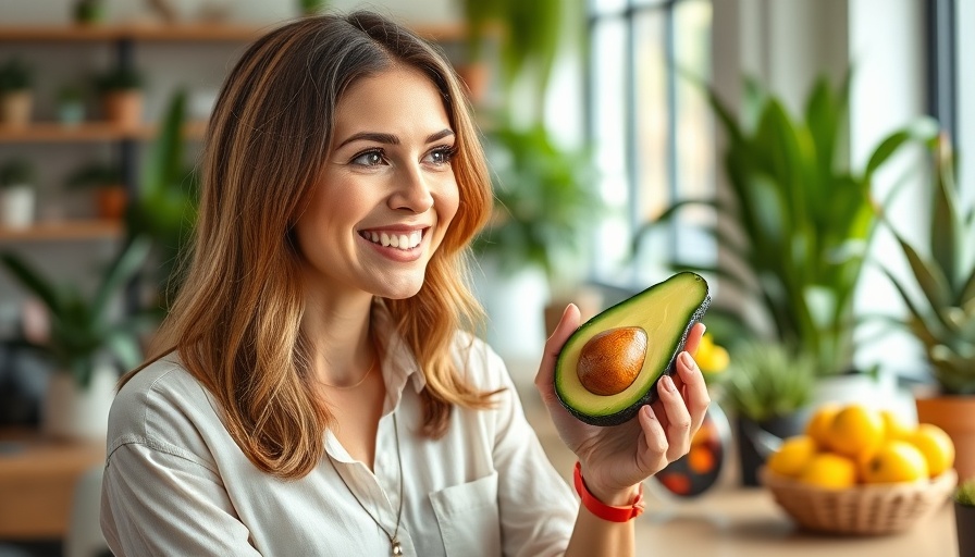 Female nutritionist discussing personalized nutrition with avocado in office.