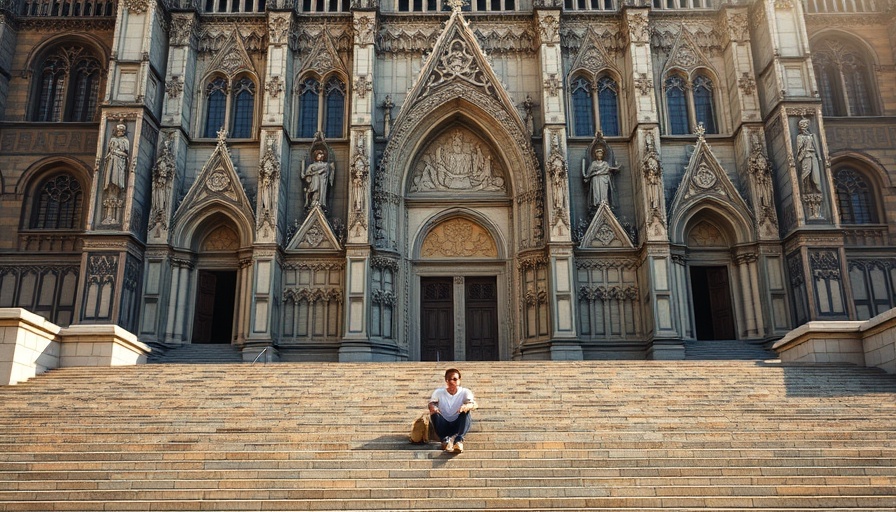 Traveler overcoming being alone when traveling, seated at a cathedral.