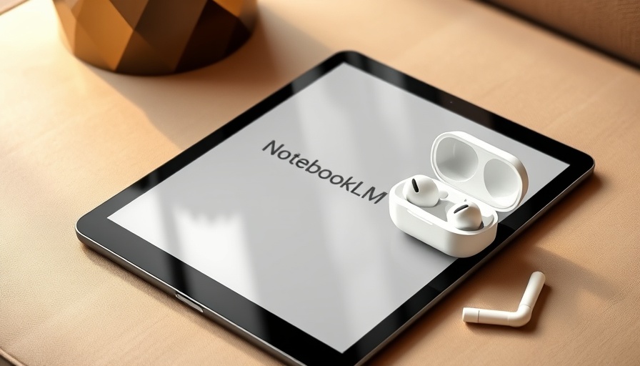 Tablet showing Google NotebookLM app with AirPods on beige surface.