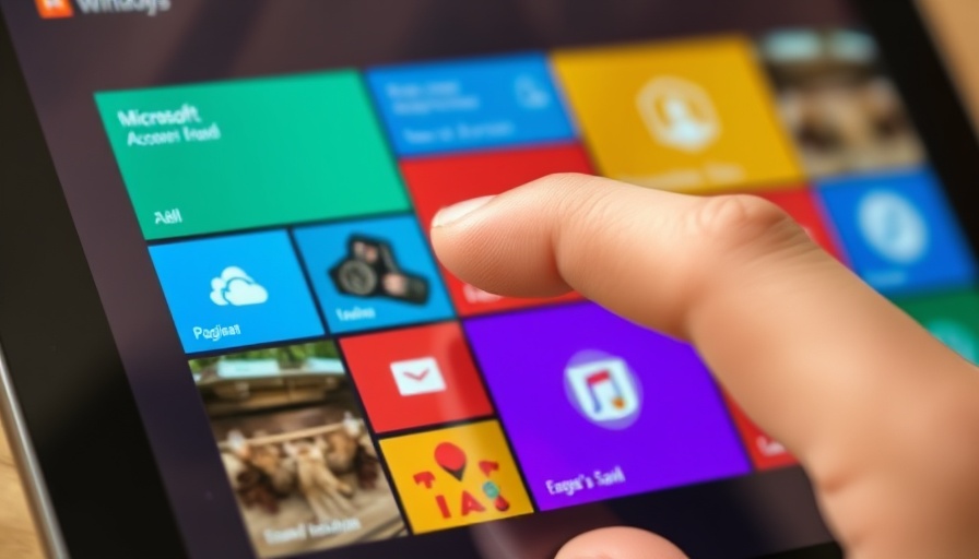 Close-up of finger tapping Microsoft Windows UI screen, app tiles visible.