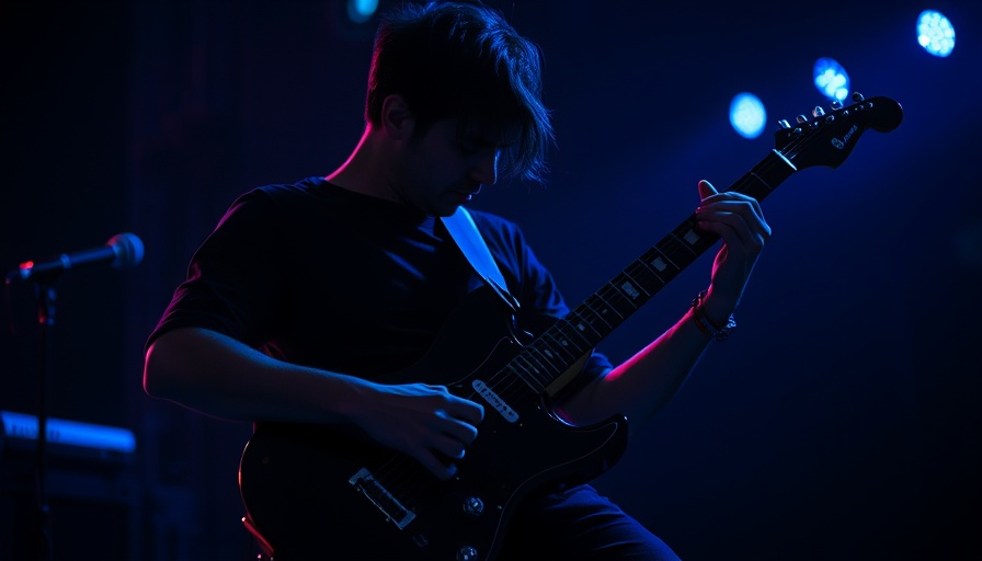 Stylized Fender Studio app interface over musician playing guitar.