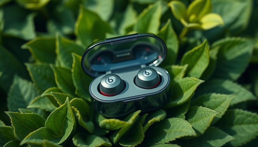 Transparent Beats Studio Buds 2 case on green leaves, showcasing features.